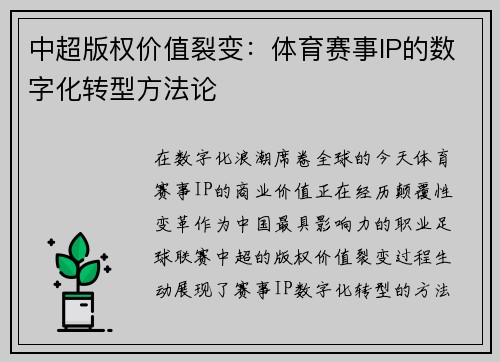 中超版权价值裂变：体育赛事IP的数字化转型方法论
