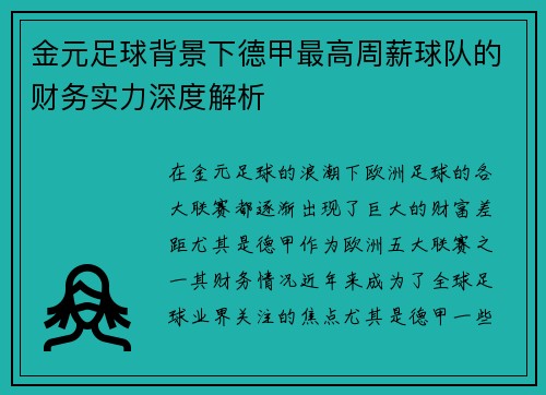 金元足球背景下德甲最高周薪球队的财务实力深度解析